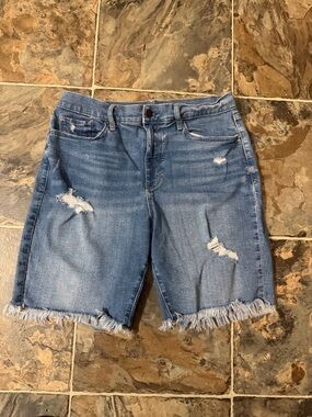 a.n.a Light Blue Distressed Denim Bermuda Shorts with Frayed Hem